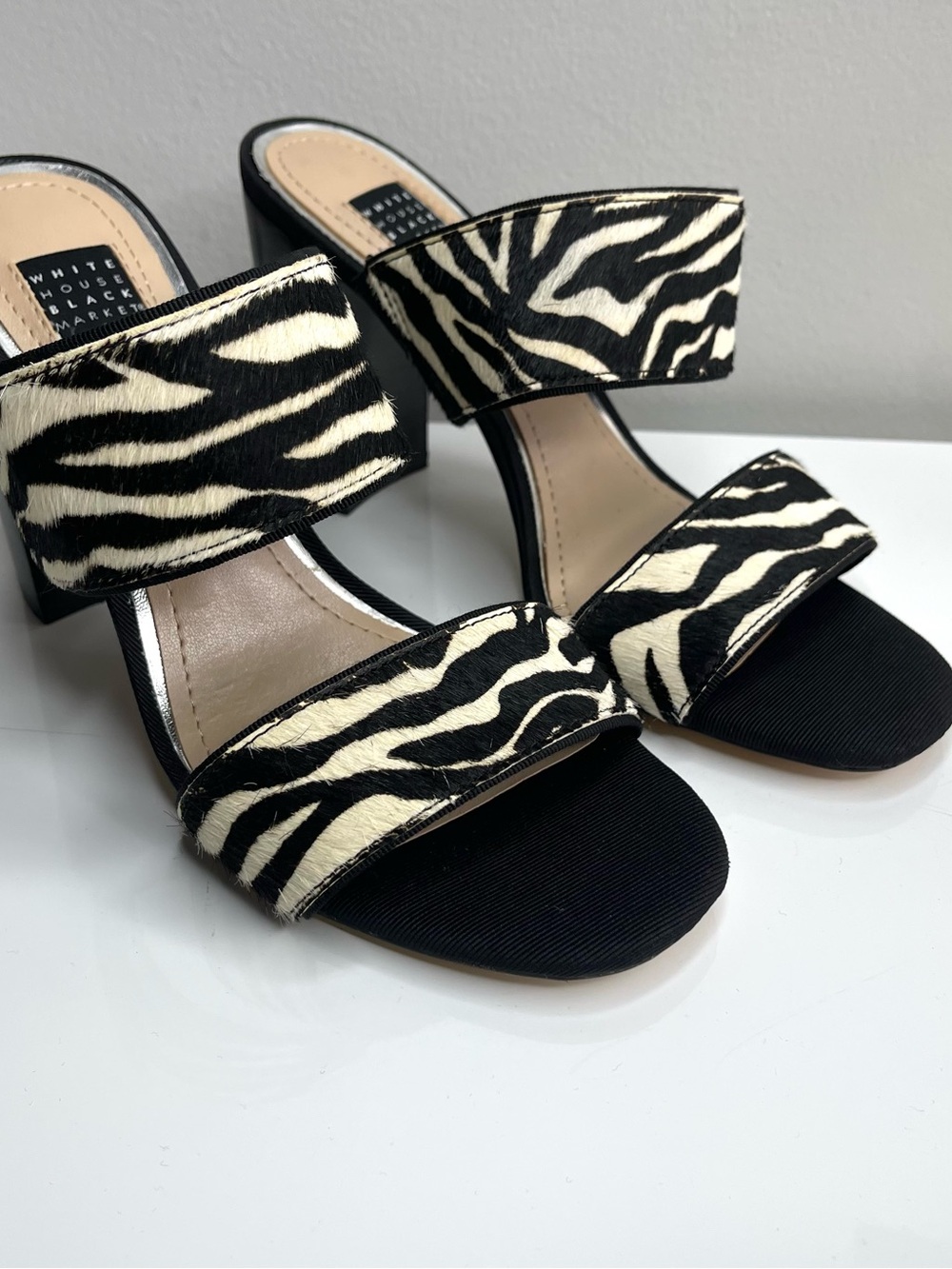White House Black Market Black and Ivory Calf Hair Zebra Strap Heels Size 6.5